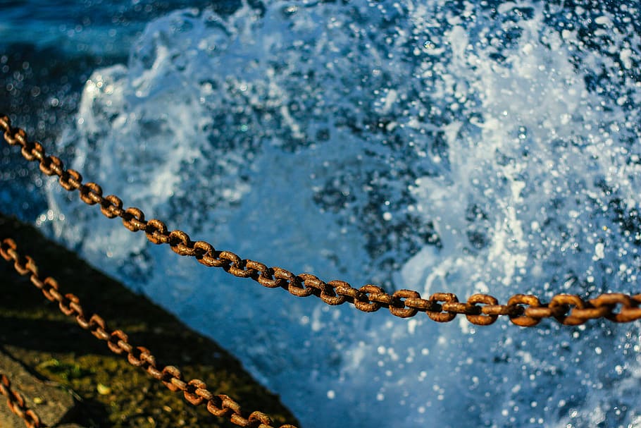 marine, blue, wave, chain, water, no people, rope, close-up HD wallpaper