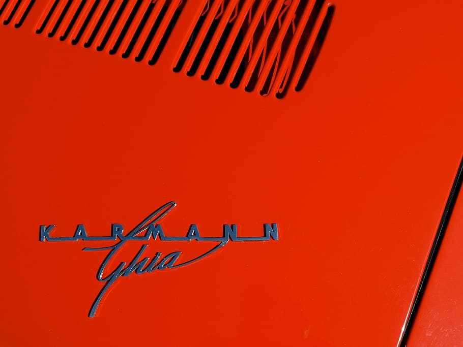 Karmann product label, Karman Ghia emblem, car, red, close up HD wallpaper