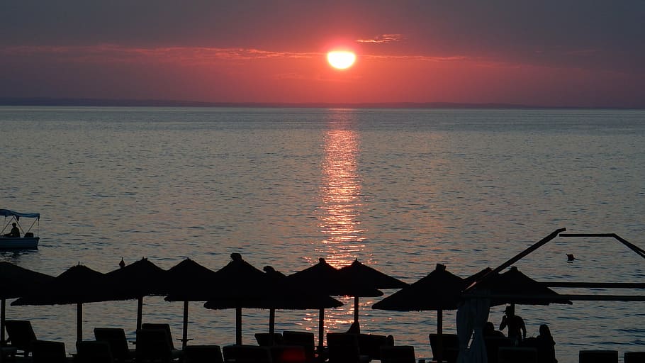 sunset, sea, beach, light, sky, waterfront, reflection, day s HD wallpaper