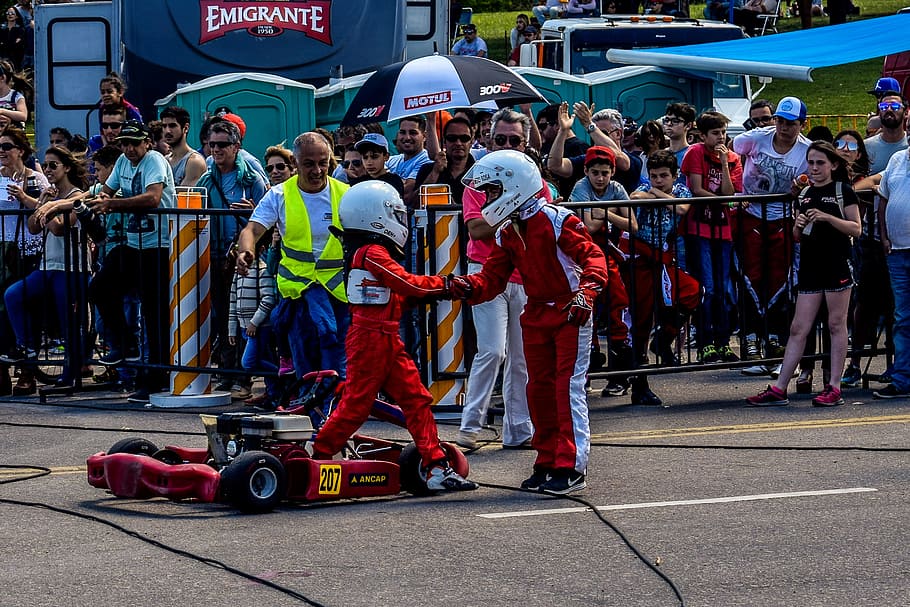 Two Boy in Red and White Racing Costume, action, audience, blur HD wallpaper