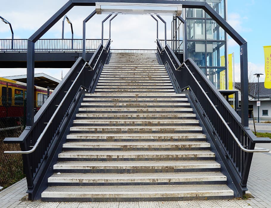 stairs, sky, upgrade, bridge, gradually, architecture, railing HD wallpaper