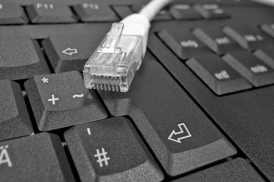 white ethernet cable on black computer keyboard, keys, input device, HD wallpaper