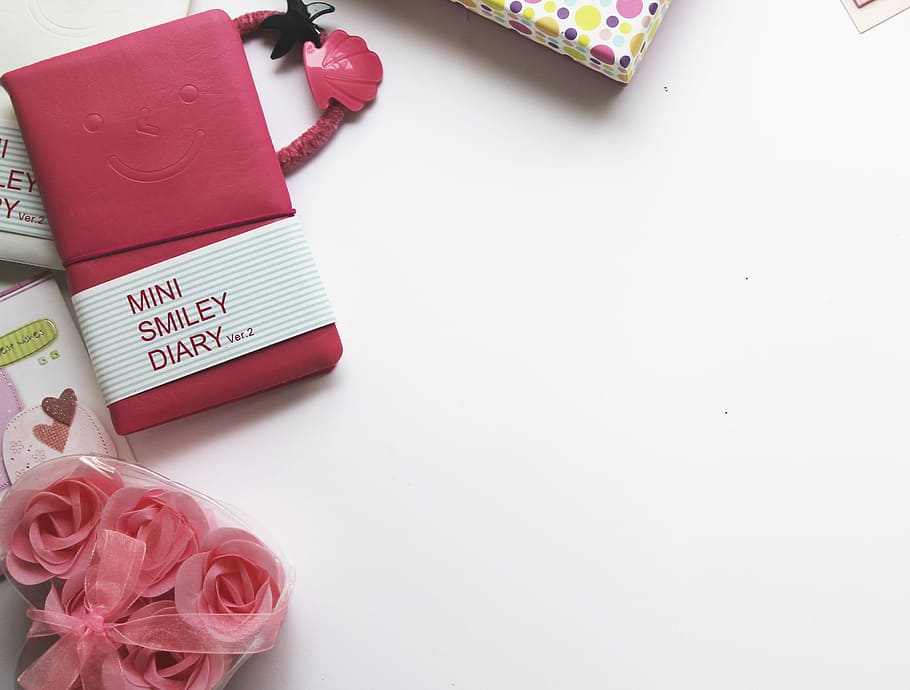 workspace, teble, items, flower, plant, pink color, copy space HD wallpaper