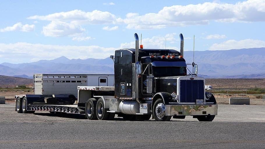 blue semi truck on road, peterbilt, usa, united states, vice