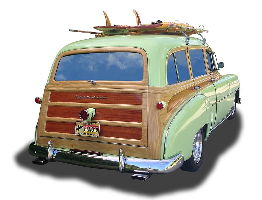 vintage car, fifties, retro, classic, transportation, surf boards, HD wallpaper
