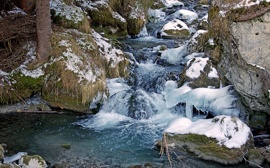 Stream, Winter, Marmolada, Dolomites, mountain, snow, cold, HD wallpaper