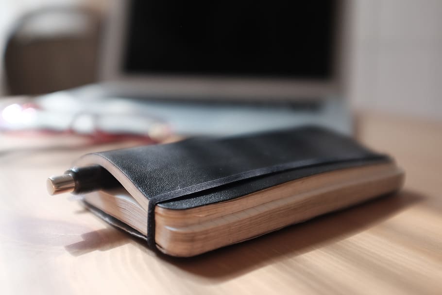 Closed moleskine, objects, book, business, laptop, no People HD wallpaper