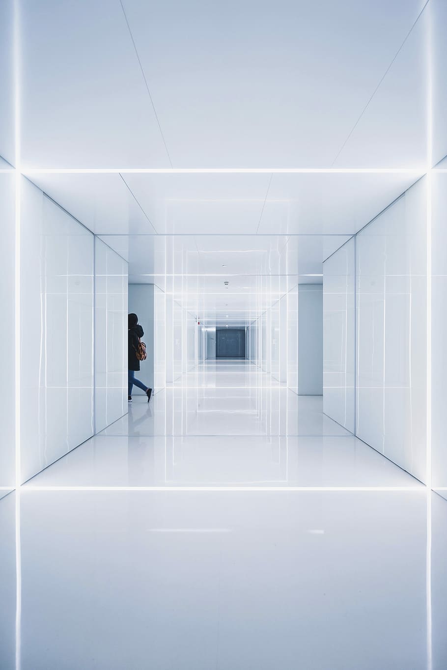 In Time, white ceramic tiles, light, architecture, person, walking
