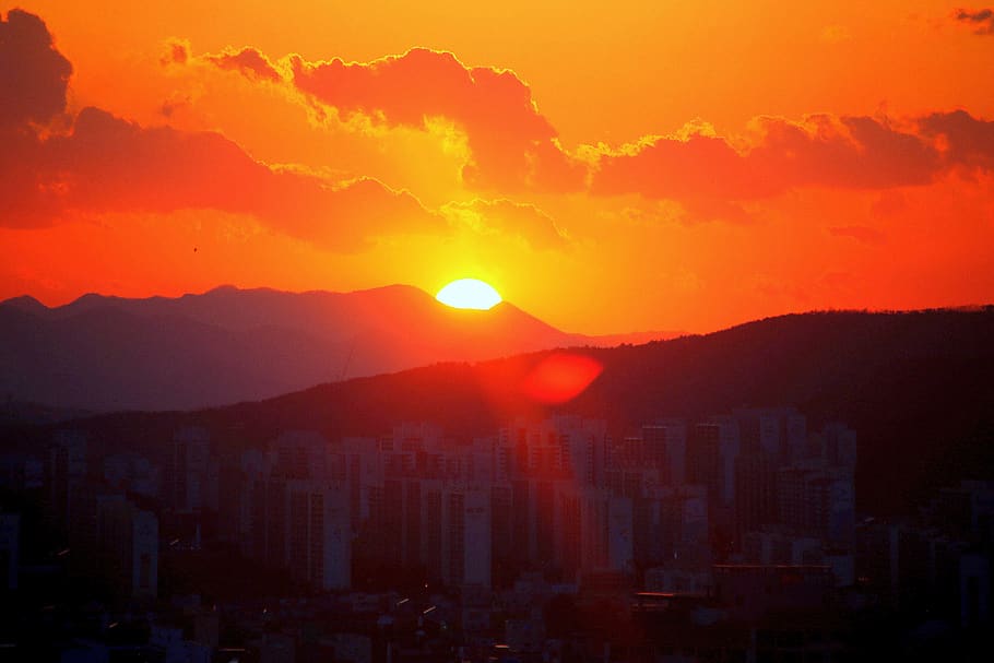 sunset, dawn, panoramic, evening, mountain, nature, red, city HD wallpaper