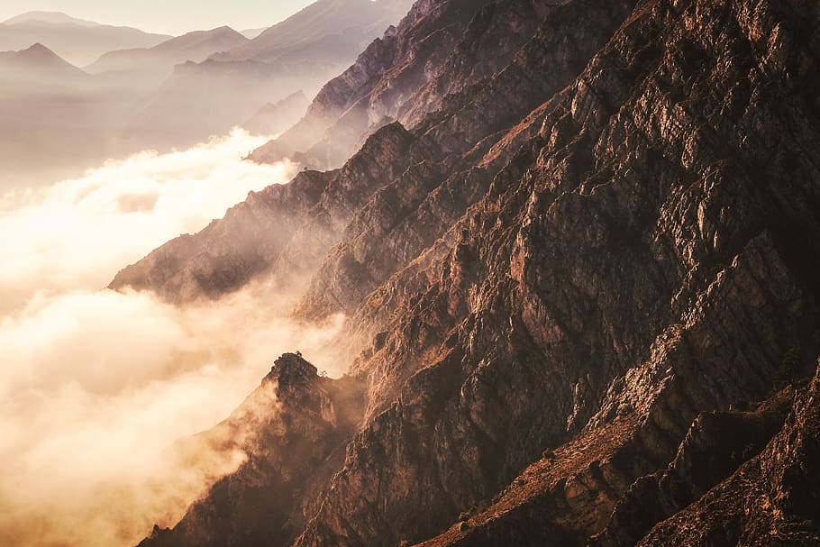 mountain, valley, summit, peak, hill, sky, clouds, landscape HD wallpaper