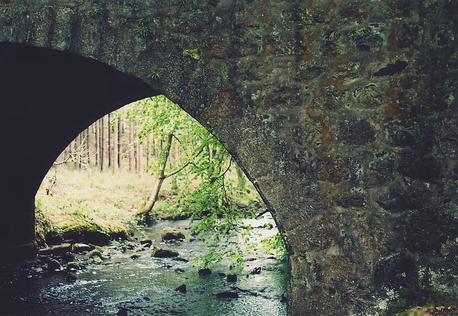 river, water, rock, wall, tunnel, drainage, trees, grass, nature HD wallpaper