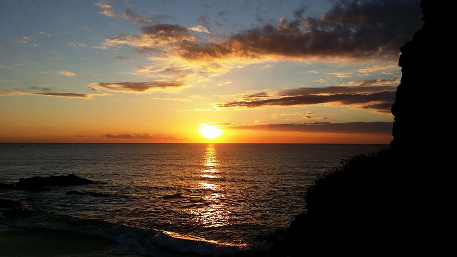 orange sunset, Dawn, Horizon, Clouds, Sea, sky, peaceful, awakening HD wallpaper