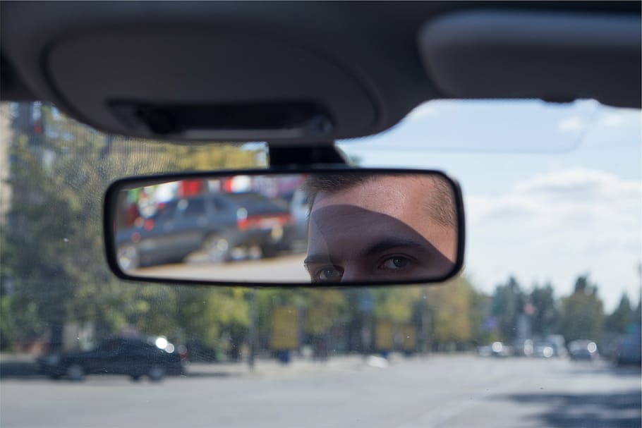 reflection of man face on vehicle rear view mirror, black, car HD wallpaper