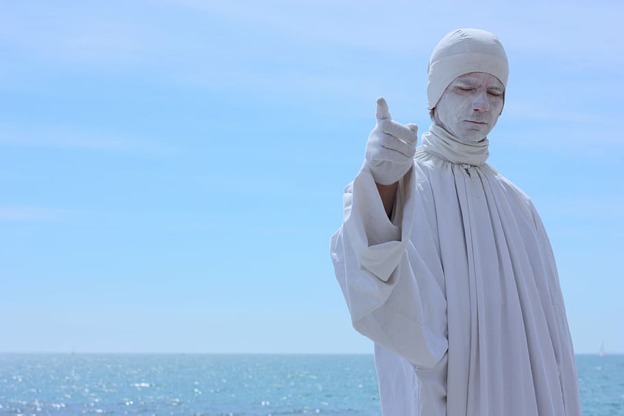 sky, blue, art, statue, religion, water, nature, standing, sea HD wallpaper