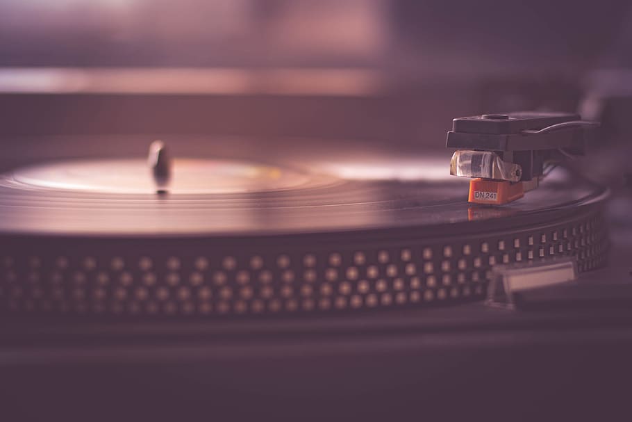 Closeup shot of record player, technology, music, turntable, sound