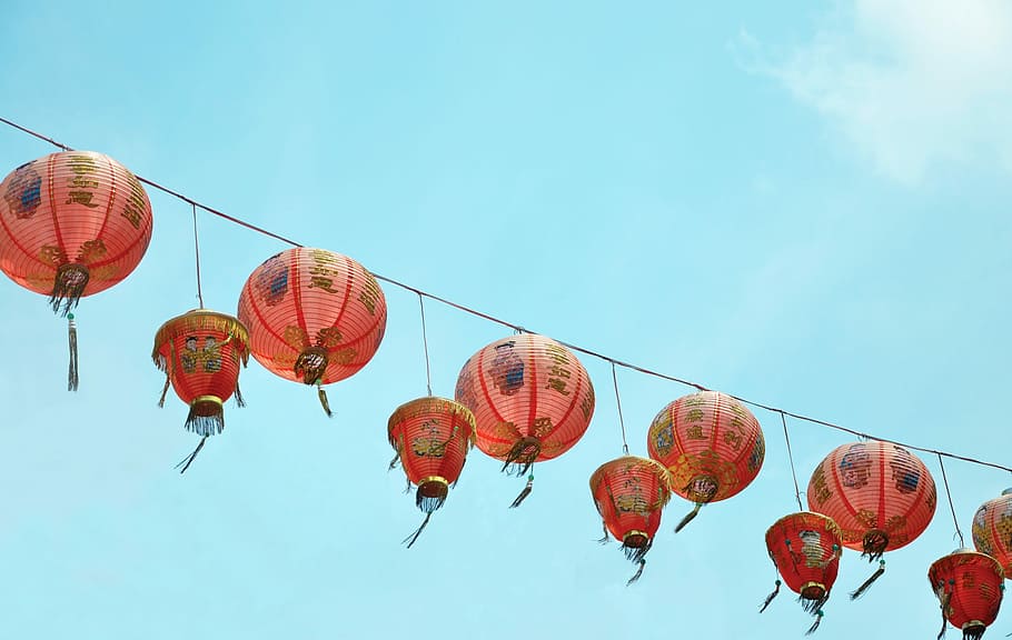 Sky, Lantern, blue, red, hanging, low angle view, no people HD wallpaper