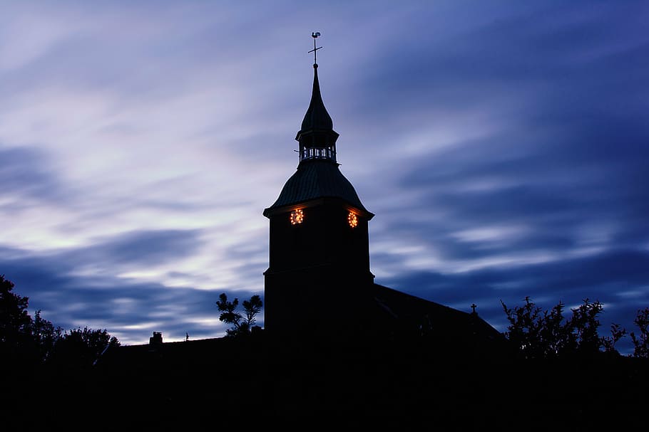 church, sky, clouds, long exposure, blue, steeple, towers, darkness HD wallpaper