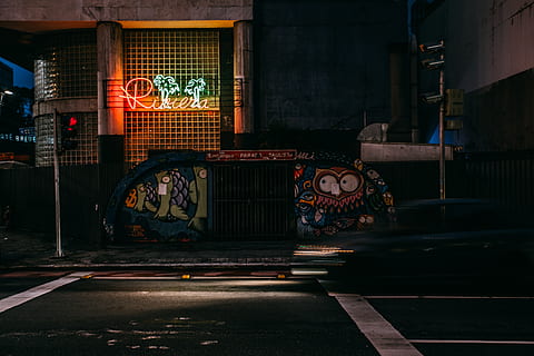 dark, night, lights, store, grill, corner, urban, city, art HD wallpaper