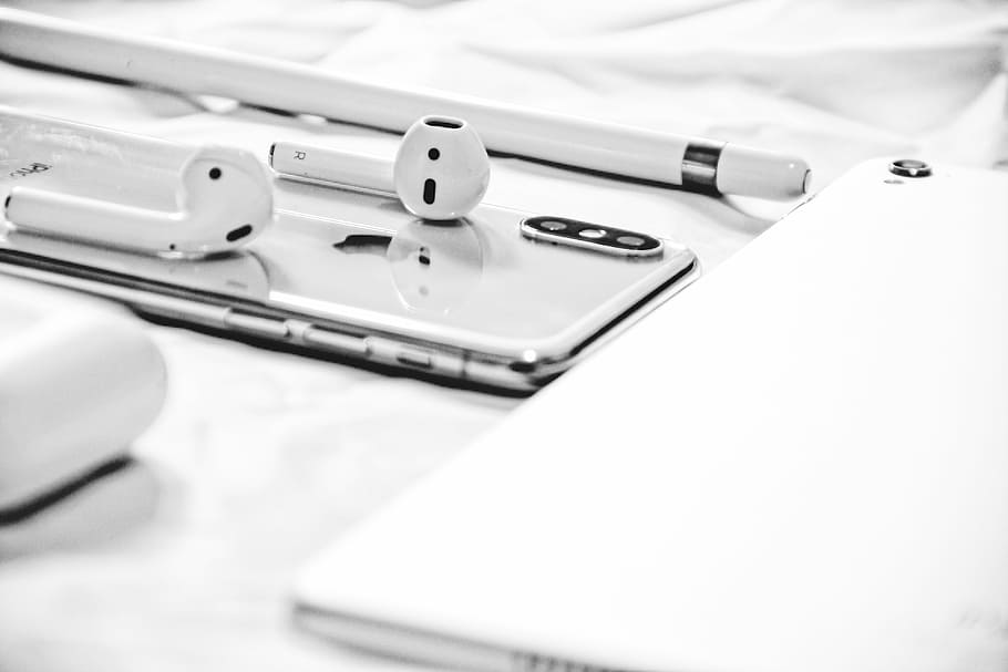 Apple AirPods on silver iPhone X beside Apple Pencil, untitled, HD wallpaper