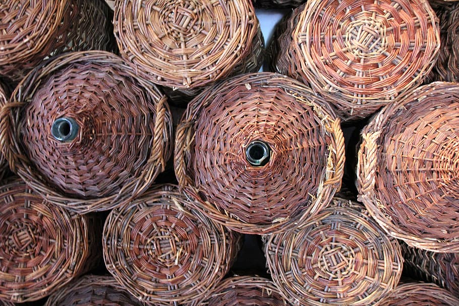 basket, baskets, storage, store, pasture, wicker basket, bottle HD wallpaper