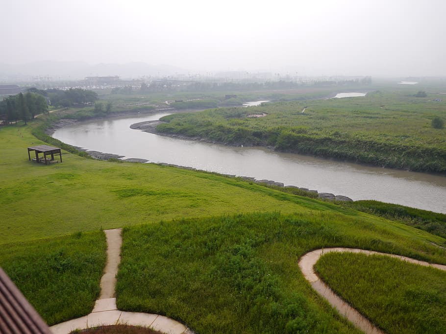 nature, river, greenness, landscape, water, plant, grass, fog HD wallpaper