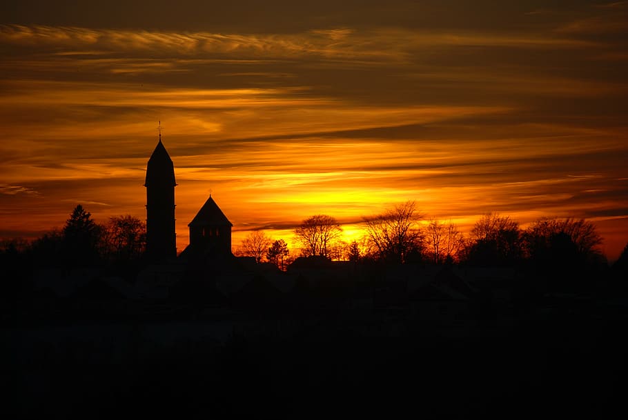 sunset, light, house, tower, silhouette, dusk, architecture HD wallpaper