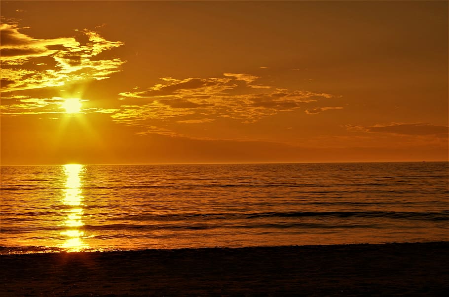 sunset, summer, abendstimmung, beach, sea, nature, sunlight HD wallpaper