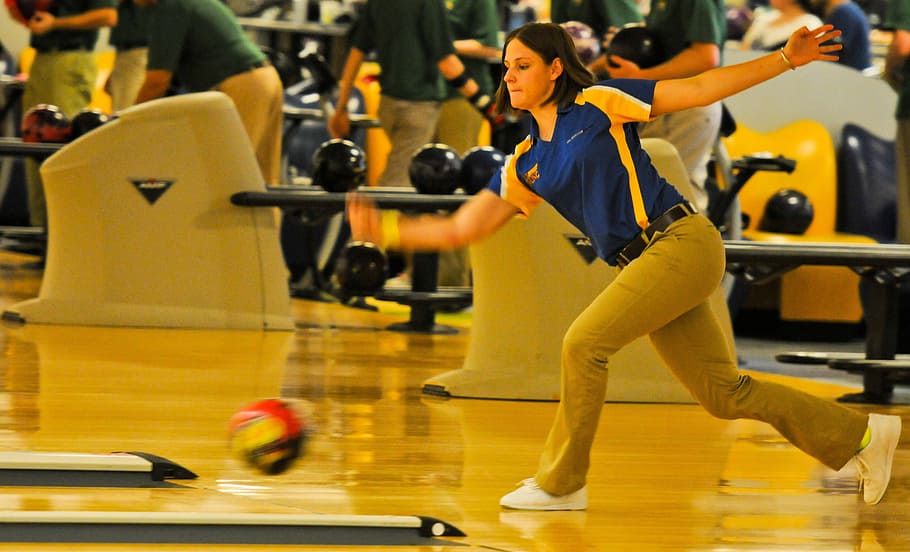 photo of woman playing bowling ball, Bowler, Pins, Alley, sport