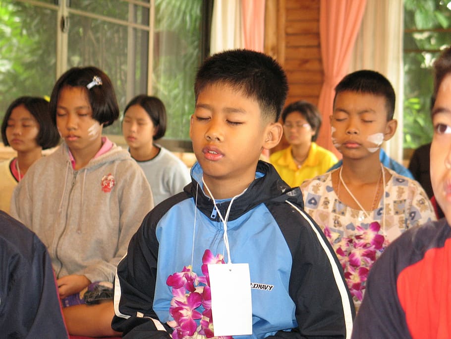 Children, School, Buddhists, Camp, meditate, thailand, boys