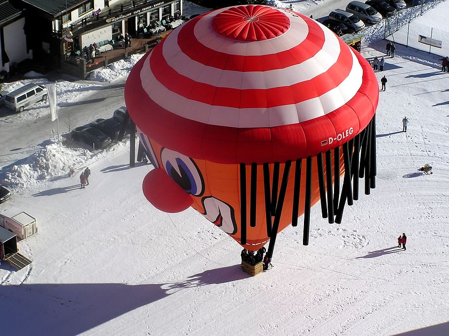 hot air balloon, clown, tannheim, snow, red, cold temperature