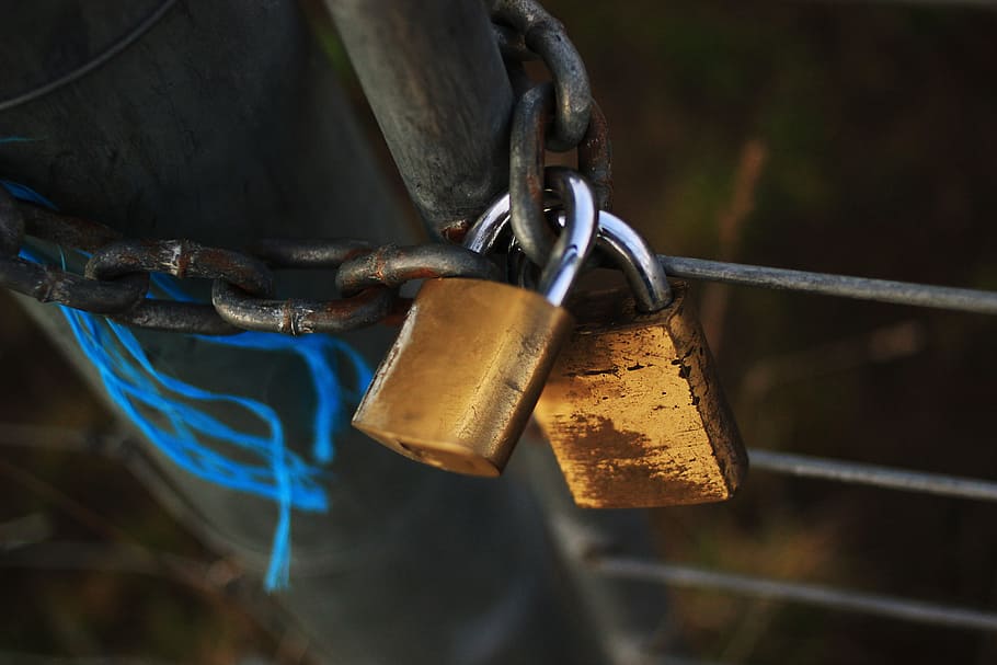 Locked, Locks, Chains, Gate, green, twine, fence, grass, farm HD wallpaper