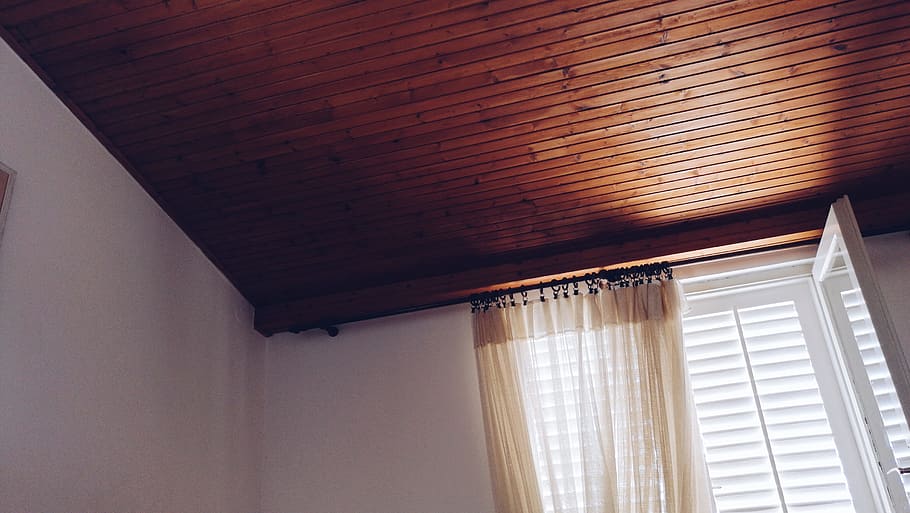 Beige Window Curtain on White Window Panel, brown, ceiling, empty HD wallpaper