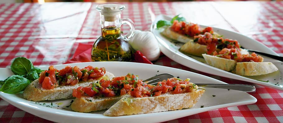 cooked dish on white ceramic plates, bruschetta, bread, baguette HD wallpaper