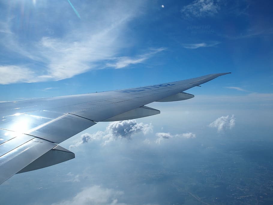 airplane, flight, sky, air vehicle, cloud - sky, aircraft wing HD wallpaper
