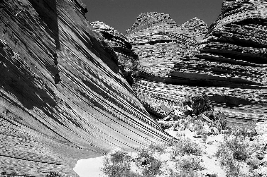 black-and-white, canyon, desert, dry, landscape, mountain, outdoors, HD wallpaper
