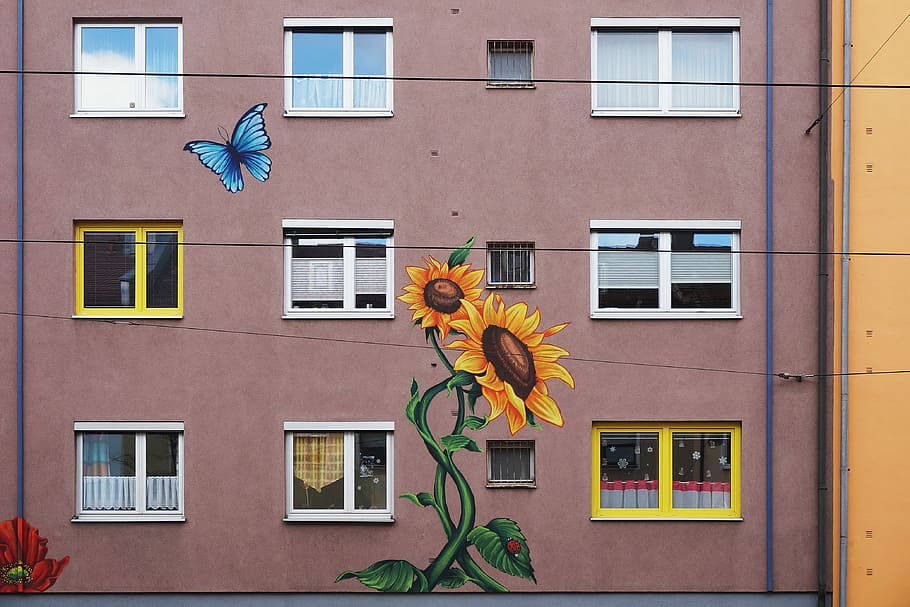 blue butterfly flying near sunflower painting, germany, nuremberg HD wallpaper