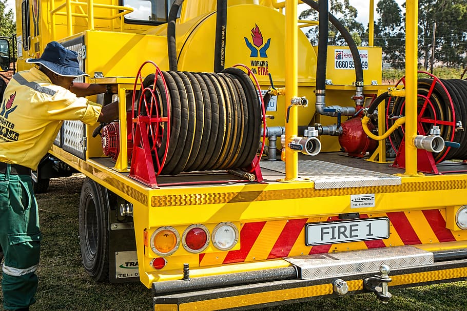 firefighter, fire equipment, fireman, hose, extinguisher, firefighting HD wallpaper