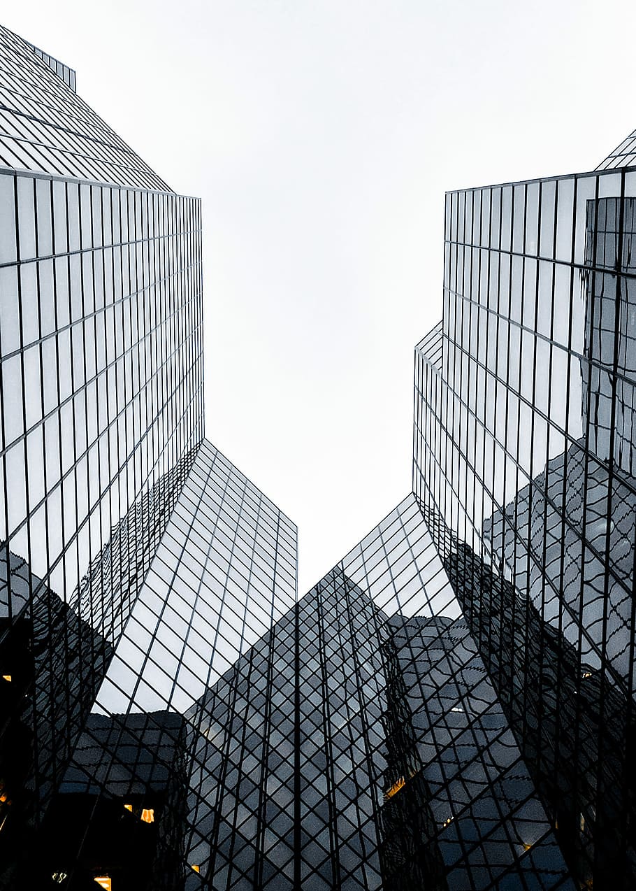 architectural photography of glass buildings, low-angle photography of skyscraper buildings HD wallpaper