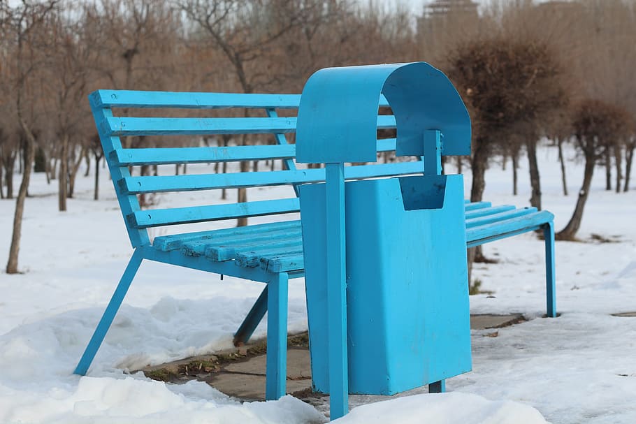 bench, trash, blue, container, outdoor, recycling, trashcan HD wallpaper