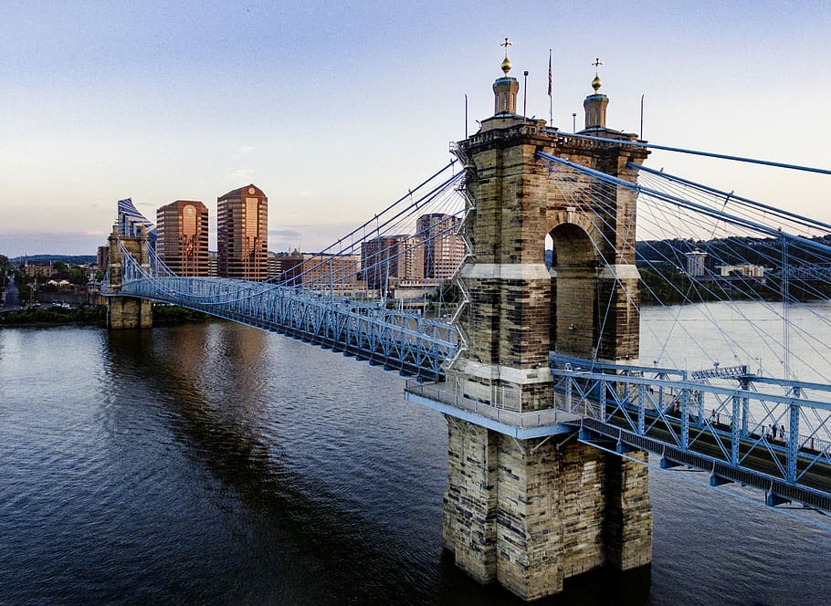 Sunset at John A. Roebling Suspension Bridge, gray and brown bridge under blue sky at daytime HD wallpaper