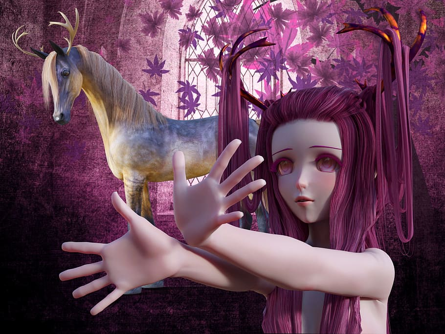 female anime character digital wallpaper, fee, fantasy, horse, HD wallpaper