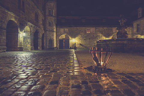 Brown Outdoor Lamp Beside Gray Stone Pavement during Nighttime HD wallpaper