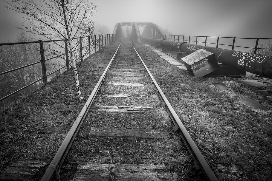 abandoned, railway, castleford, yorkshire, black and white, HD wallpaper