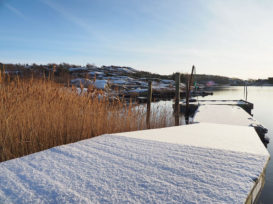 bridge, sea, winter, snow, cold temperature, sky, water, nature HD wallpaper