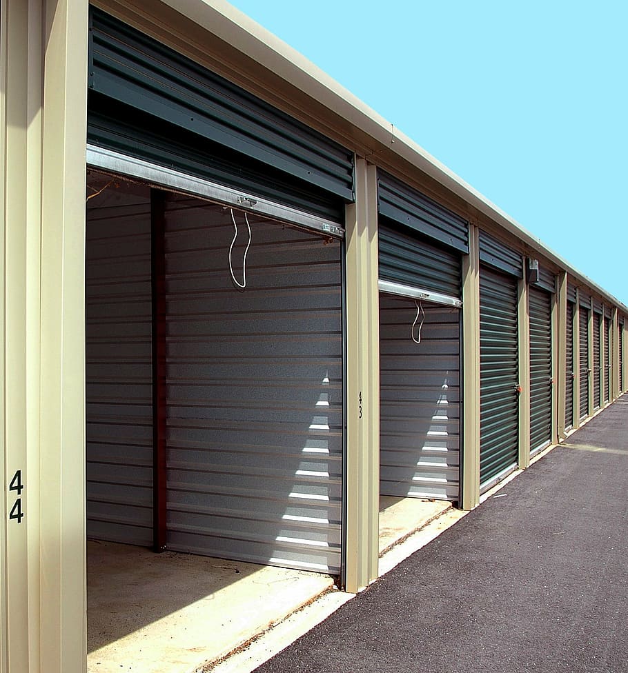 open roller shutter doors, storage warehouse, bins, industry, HD wallpaper