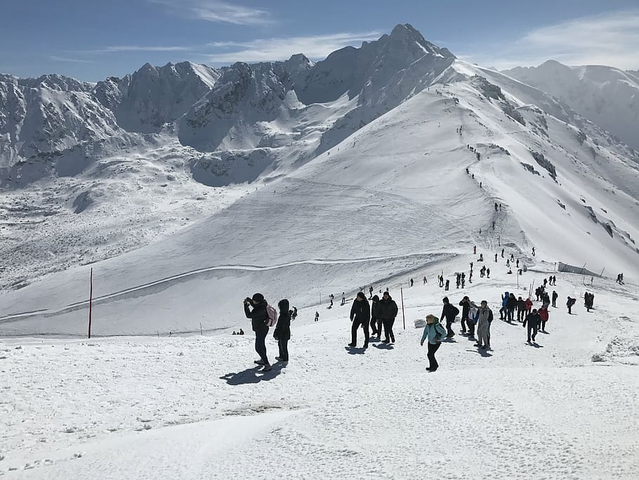 mountains, kasprowy, top, snow, cold temperature, winter, group of people HD wallpaper