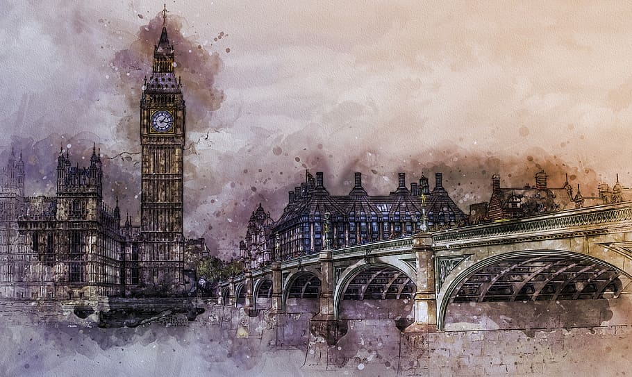 Elizabeth Tower painting, london, uk, city, metropolitan, britain, HD wallpaper