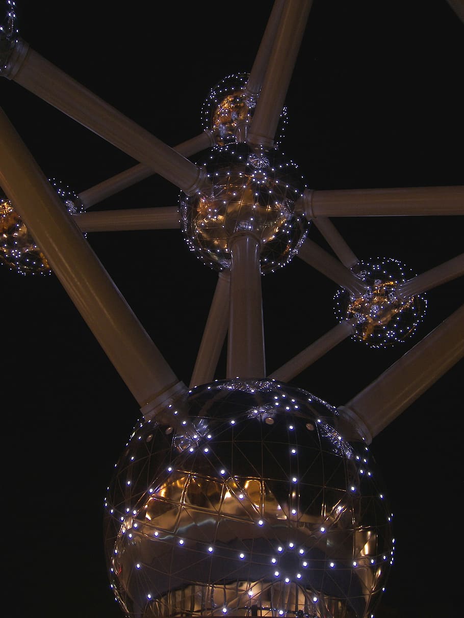 belgium, brussels, atomium, evening, sculpture, illuminated HD wallpaper