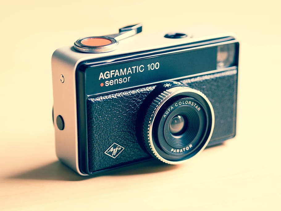 black and silver point-and-shoot camear, afgamatic, camera, vintage