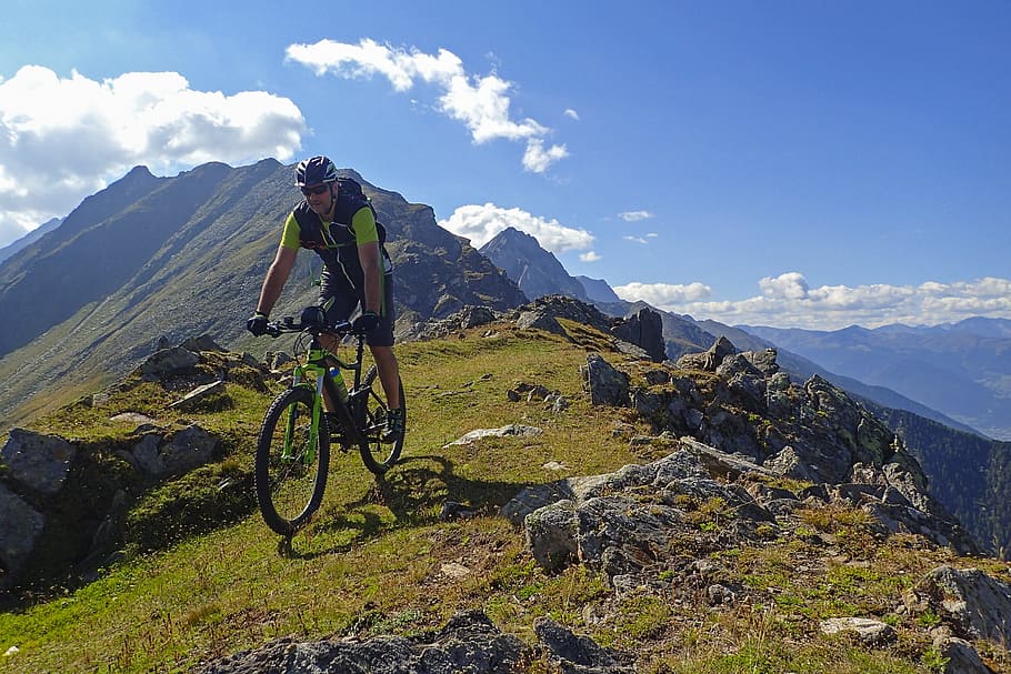 man riding bicycle on hilltop during daytime, Biking, Mountain Bike, HD wallpaper